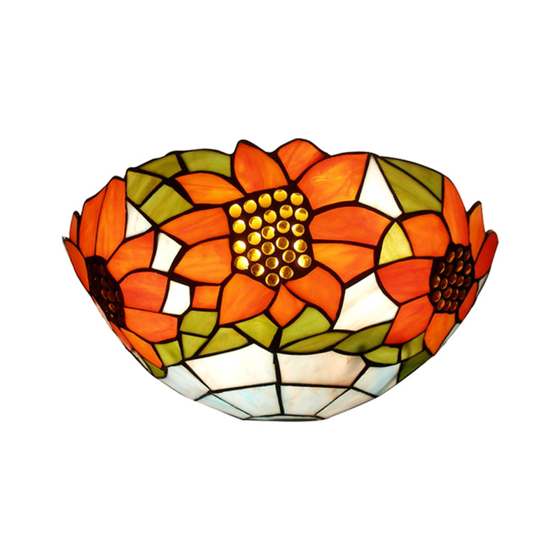 Rustic Tiffany Sunflower Wall Sconce With Stained Glass Bowl Shade
