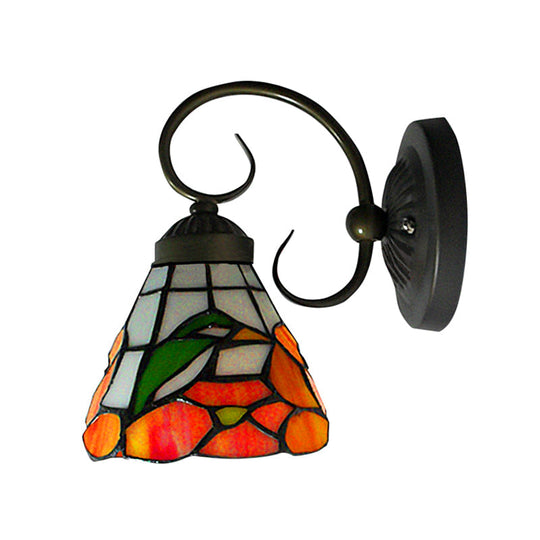 Victorian Peony Stained Glass Sconce Light With Arm - Black Wall Mount
