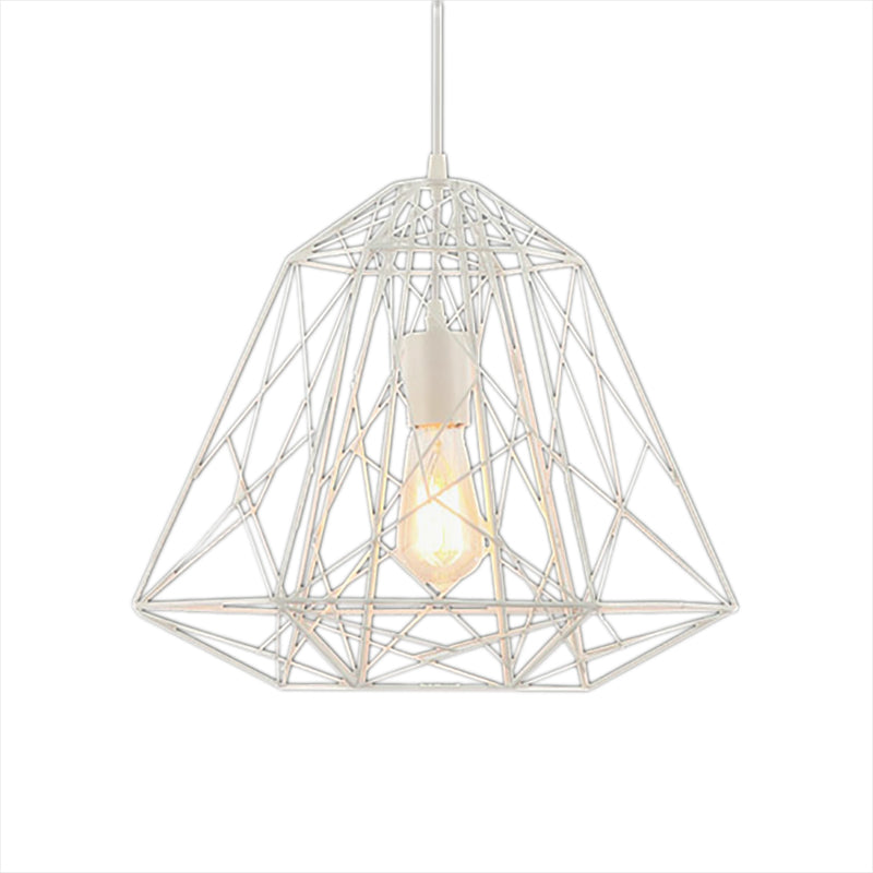 Retro Style Geometric Cage Ceiling Hanging Light With Metallic Suspension Lamp In Black/White White