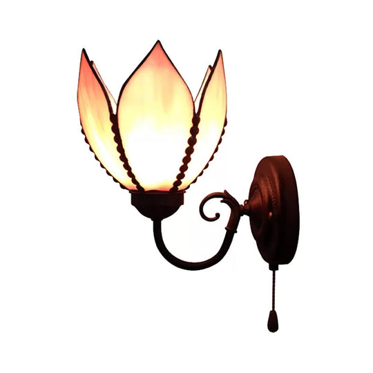 Petal Wall Lamp With Stained Glass And Curved Arm - Rustic Pull Chain Lighting