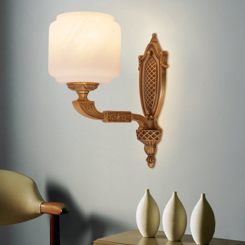 Country Opal Glass Lantern Wall Sconce - Brass 1-Bulb Light Fixture