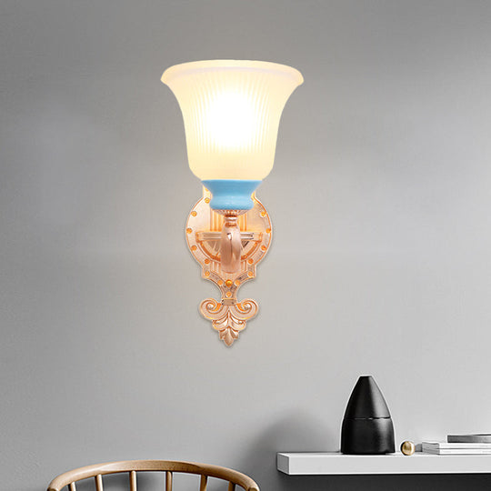 Vintage Swirled Arm Wall Light - Gold Metal Mounted Lighting With Frosted Ribbed Glass Shade