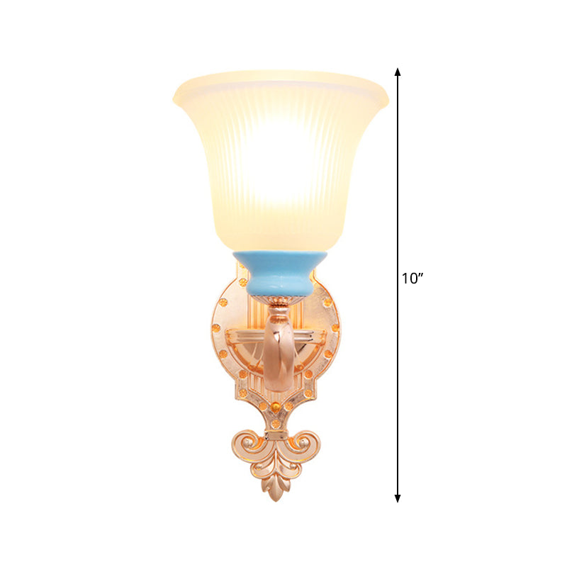Vintage Swirled Arm Wall Light - Gold Metal Mounted Lighting With Frosted Ribbed Glass Shade