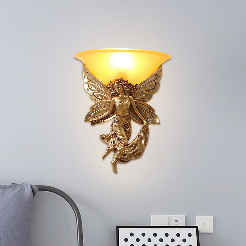 Country Half-Bowl Opal Glass Wall Sconce With Resin Angel - White/Gold