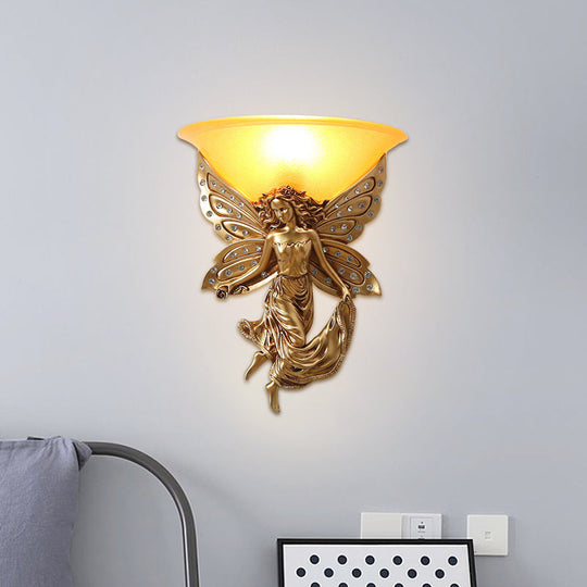 Country Half-Bowl Opal Glass Wall Sconce With Resin Angel - White/Gold