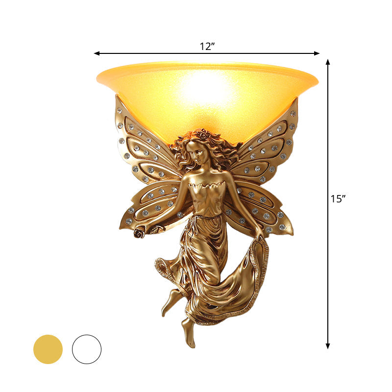 Country Half-Bowl Opal Glass Wall Sconce With Resin Angel - White/Gold