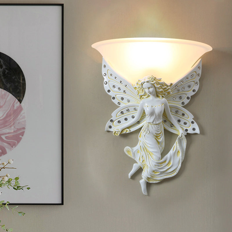 Country Half-Bowl Opal Glass Wall Sconce With Resin Angel - White/Gold White / Right