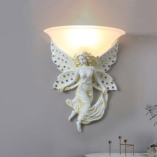 Country Half-Bowl Opal Glass Wall Sconce With Resin Angel - White/Gold
