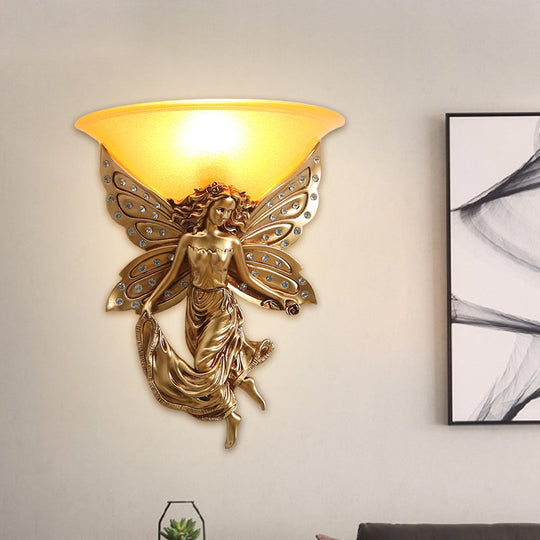Country Half-Bowl Opal Glass Wall Sconce With Resin Angel - White/Gold Gold / Left