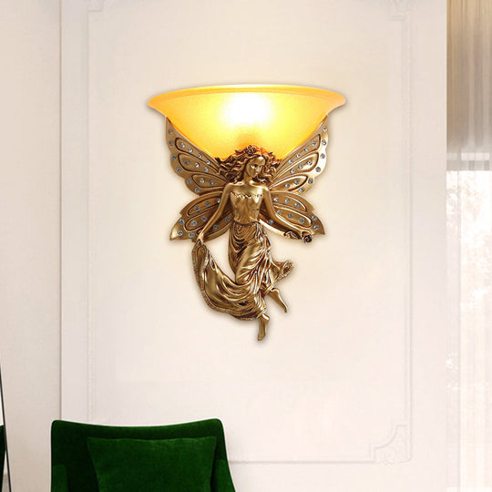 Country Half-Bowl Opal Glass Wall Sconce With Resin Angel - White/Gold
