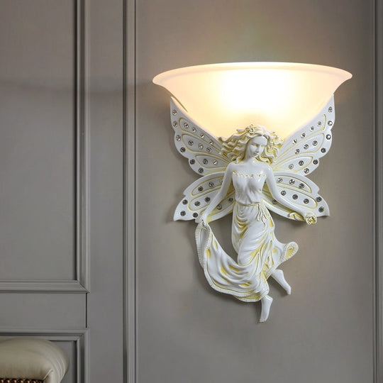 Country Half-Bowl Opal Glass Wall Sconce With Resin Angel - White/Gold White / Left