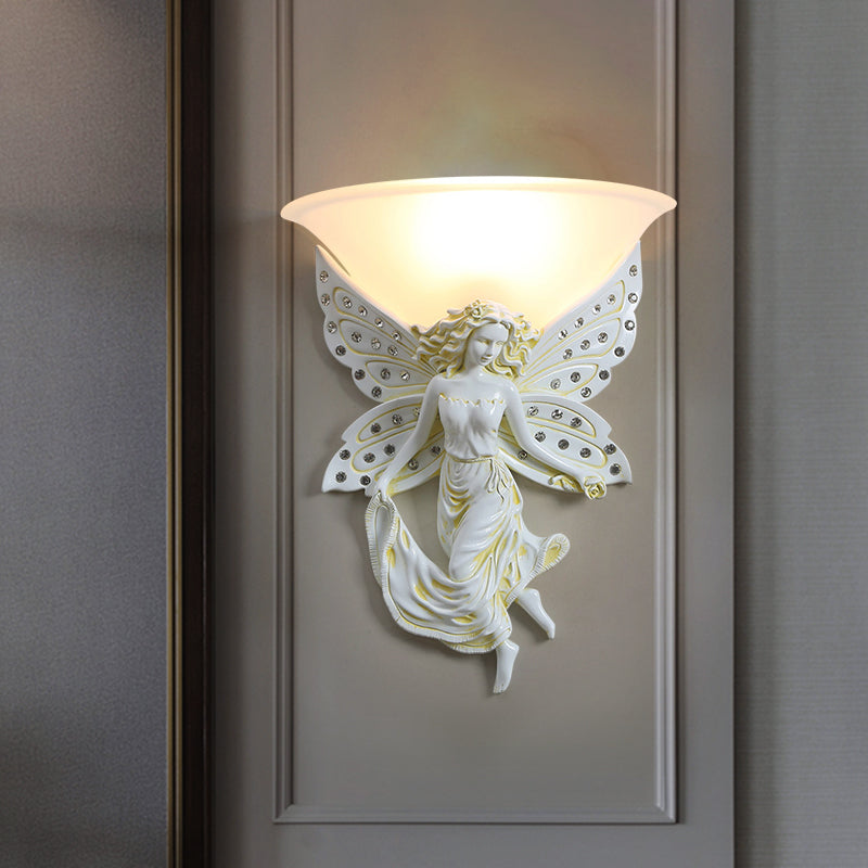 Country Half-Bowl Opal Glass Wall Sconce With Resin Angel - White/Gold