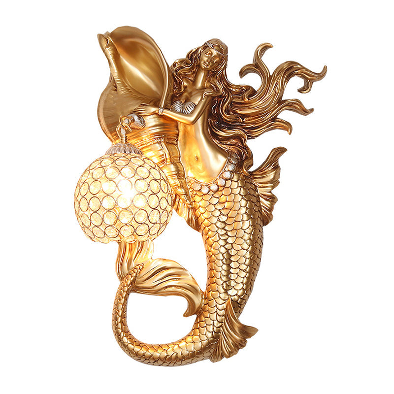 Farmhouse Sconce Light With Clear Beveled Crystal And Mermaid Design In Blue/Gold - Wall Mounted