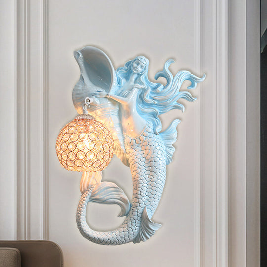 Farmhouse Sconce Light With Clear Beveled Crystal And Mermaid Design In Blue/Gold - Wall Mounted