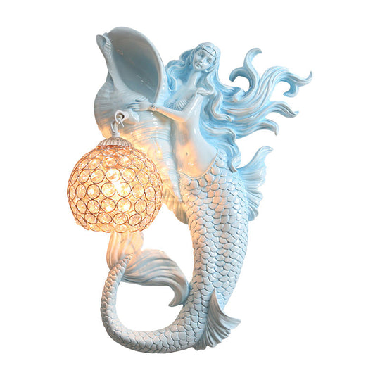 Farmhouse Sconce Light With Clear Beveled Crystal And Mermaid Design In Blue/Gold - Wall Mounted