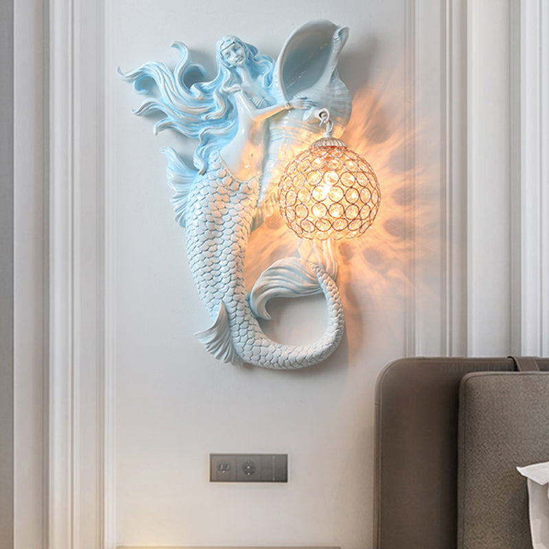 Farmhouse Sconce Light With Clear Beveled Crystal And Mermaid Design In Blue/Gold - Wall Mounted