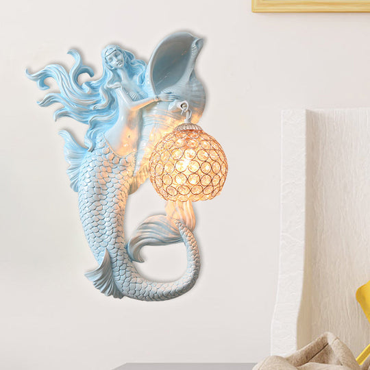 Farmhouse Sconce Light With Clear Beveled Crystal And Mermaid Design In Blue/Gold - Wall Mounted