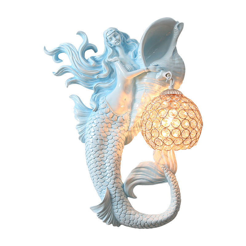 Farmhouse Sconce Light With Clear Beveled Crystal And Mermaid Design In Blue/Gold - Wall Mounted