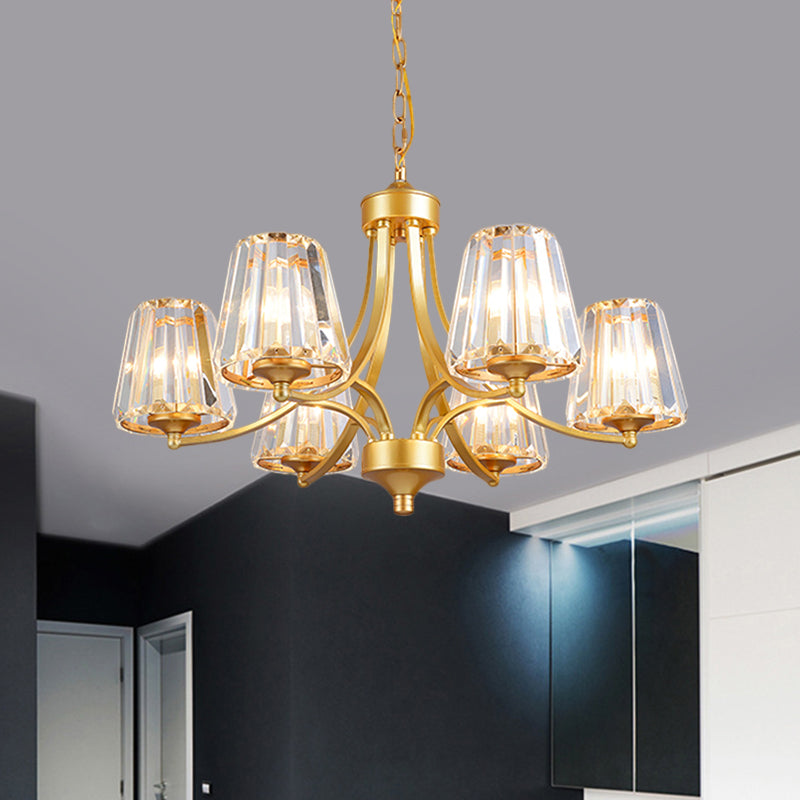 Minimalistic 6-Light Gold Pendant Chandelier With Conic Crystal Prisms & Curvy Arm