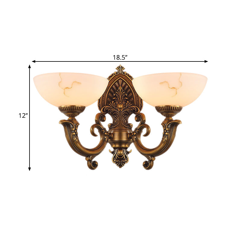 Rustic Brass Finish Glass Wall Lamp With Swirled Arm - 2 Heads Bowl Mount Lighting
