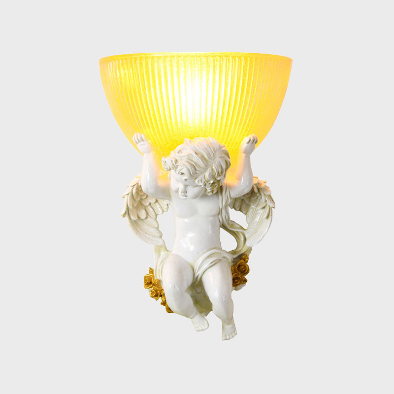 Vintage Silver/White/Beige Resin Angel Wall Lamp With Amber Fluted Glass Shade