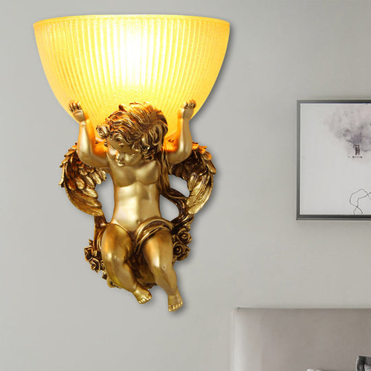 Vintage Silver/White/Beige Resin Angel Wall Lamp With Amber Fluted Glass Shade Bronze