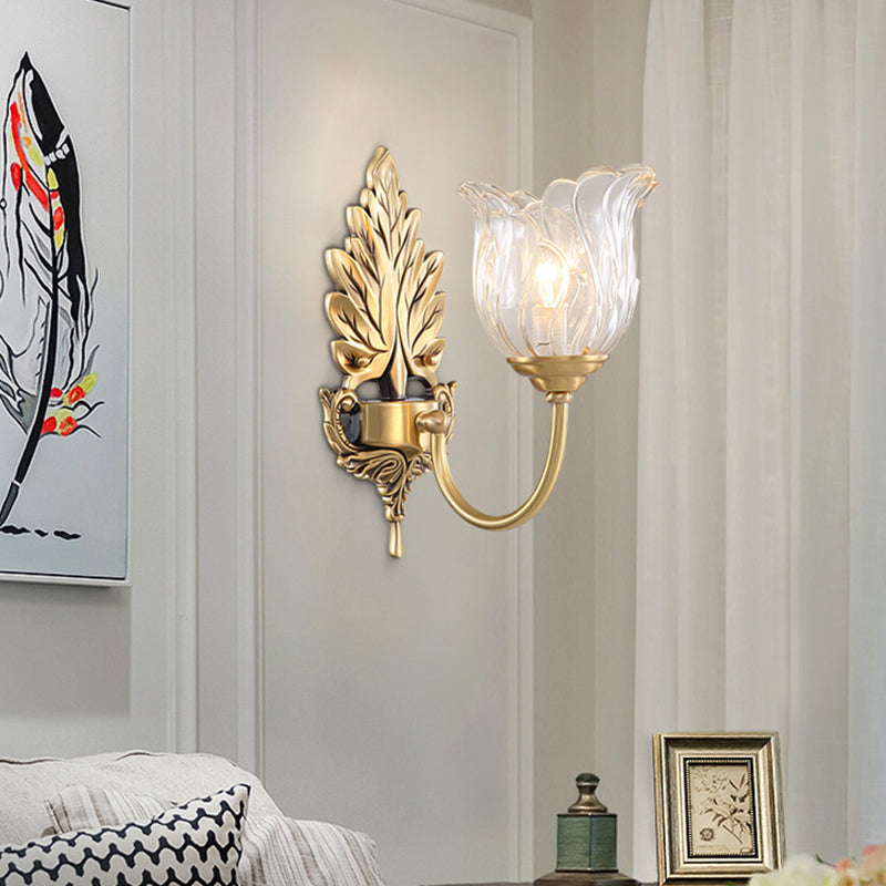 Classic Gold Wall Sconce With Clear Fluted Glass - Bloom Living Room Mount Light 1 /