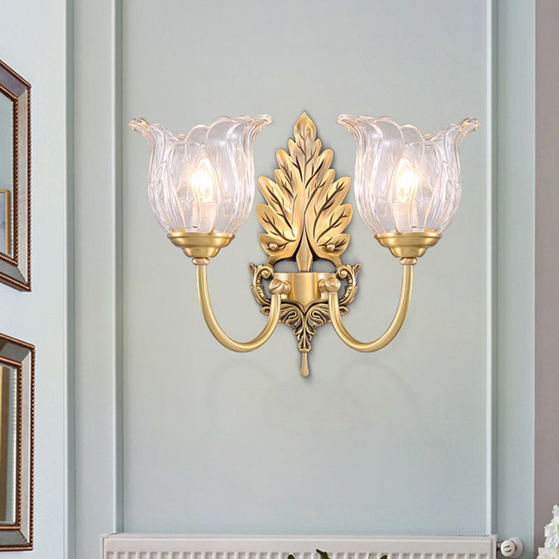 Classic Gold Wall Sconce With Clear Fluted Glass - Bloom Living Room Mount Light 2 /