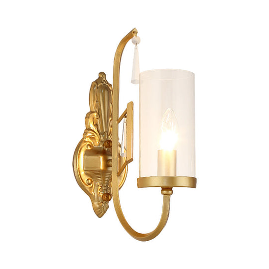 Country Clear Glass Wall Sconce With Curved Arm - Gold Cylinder Surface Lighting For Living Room