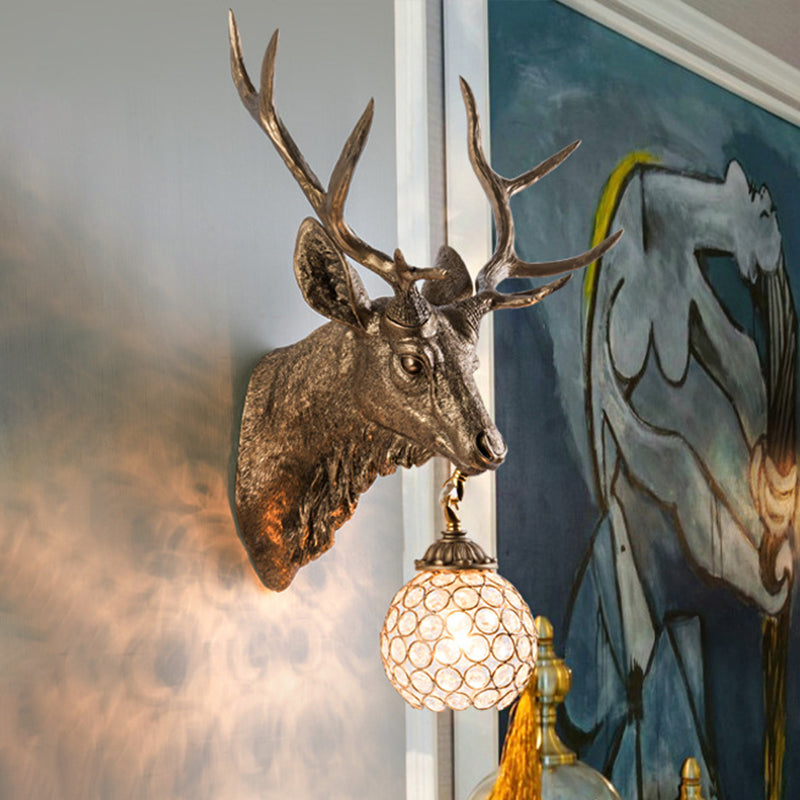 Gold Resin Elk Head Wall Mounted Sconce Lamp With Crystal Shade