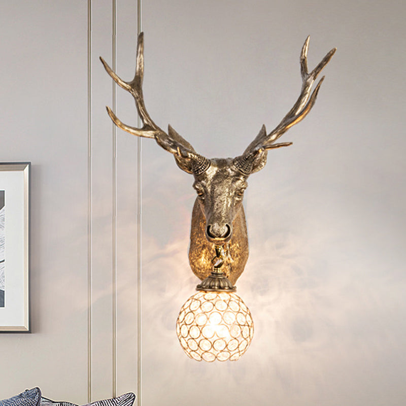 Gold Resin Elk Head Wall Mounted Sconce Lamp With Crystal Shade