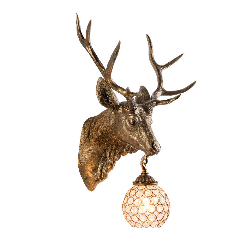 Gold Resin Elk Head Wall Mounted Sconce Lamp With Crystal Shade