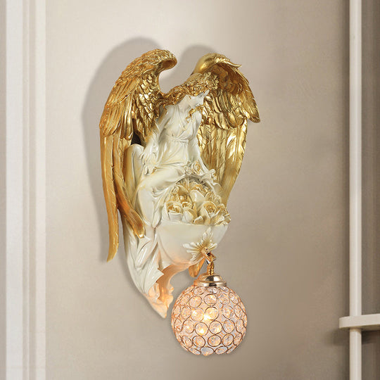 Classic Style Water Drop Crystal Wall Sconce With Angel And Blossom Design - Gold/Dark Gold Finish /