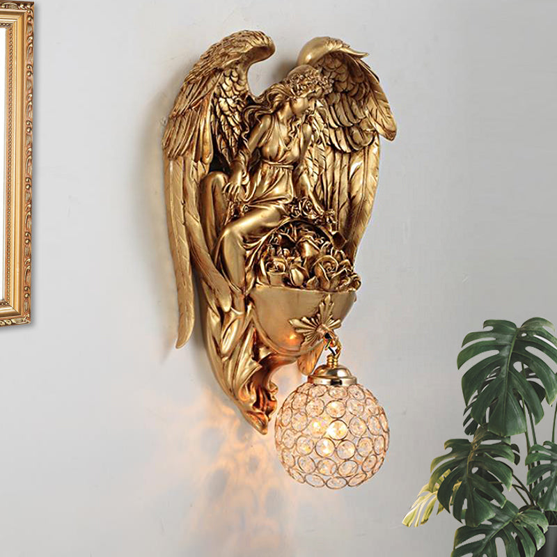Classic Style Water Drop Crystal Wall Sconce With Angel And Blossom Design - Gold/Dark Gold Finish