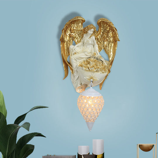 Classic Style Water Drop Crystal Wall Sconce With Angel And Blossom Design - Gold/Dark Gold Finish