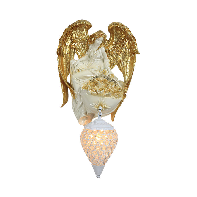 Classic Style Water Drop Crystal Wall Sconce With Angel And Blossom Design - Gold/Dark Gold Finish