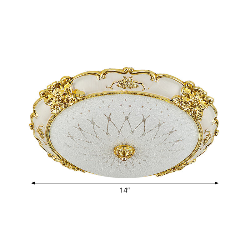 Vintage Frosted Glass Led Circular Dining Room Flush Light With Etching Flower Trim - Gold Ceiling