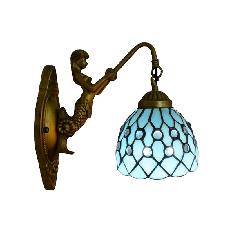 Vintage Stained Glass Dome Wall Mount Mini Sconce Light In Brass