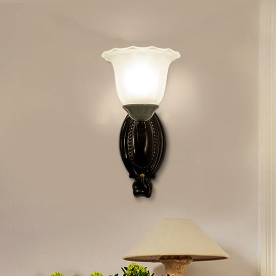 Retro Style Bedroom Wall Mount Lighting - 1/2-Light Sconce With Scalloped Bell Frosted Glass Shade