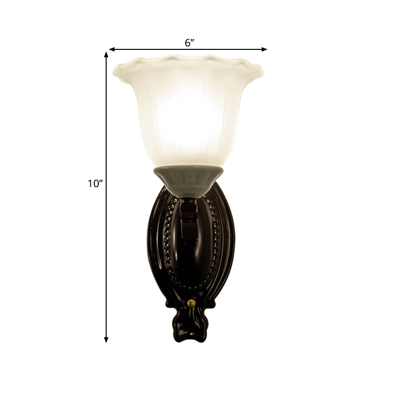 Retro Style Bedroom Wall Mount Lighting - 1/2-Light Sconce With Scalloped Bell Frosted Glass Shade