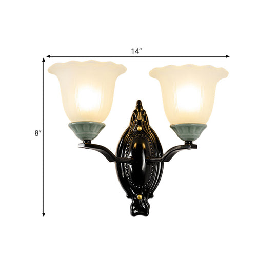 Retro Style Bedroom Wall Mount Lighting - 1/2-Light Sconce With Scalloped Bell Frosted Glass Shade