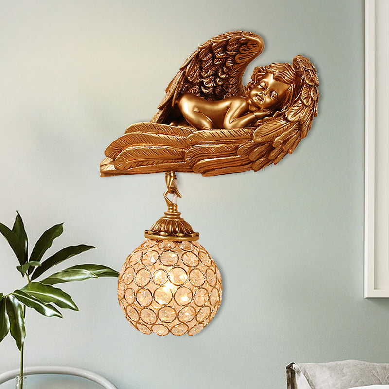 Resin 1-Head Dark Gold Wall Mounted Lamp With Globe Faceted Crystal Shade - Sleeping Angel Hallway