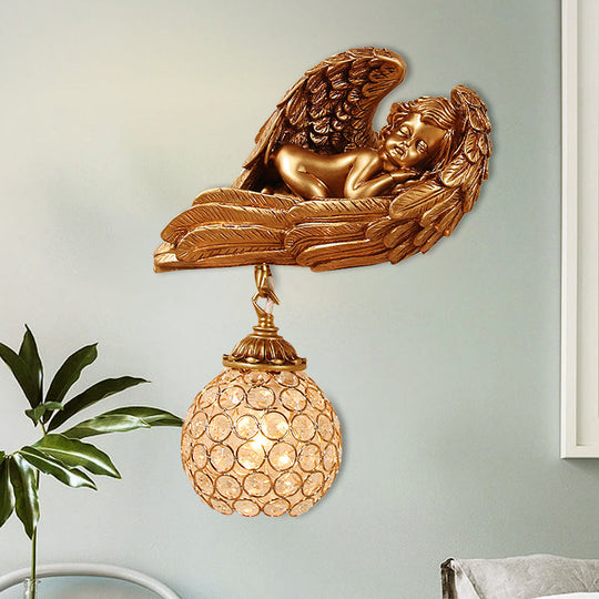 Resin 1-Head Dark Gold Wall Mounted Lamp With Globe Faceted Crystal Shade - Sleeping Angel Hallway