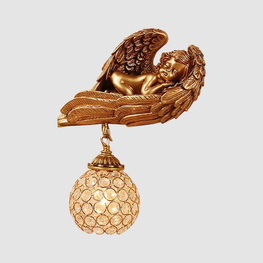 Resin 1-Head Dark Gold Wall Mounted Lamp With Globe Faceted Crystal Shade - Sleeping Angel Hallway
