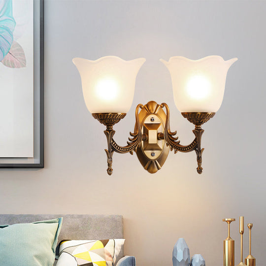 Rustic Scalloped Brass Bell Wall Light With Frosted Glass - Perfect For Living Rooms