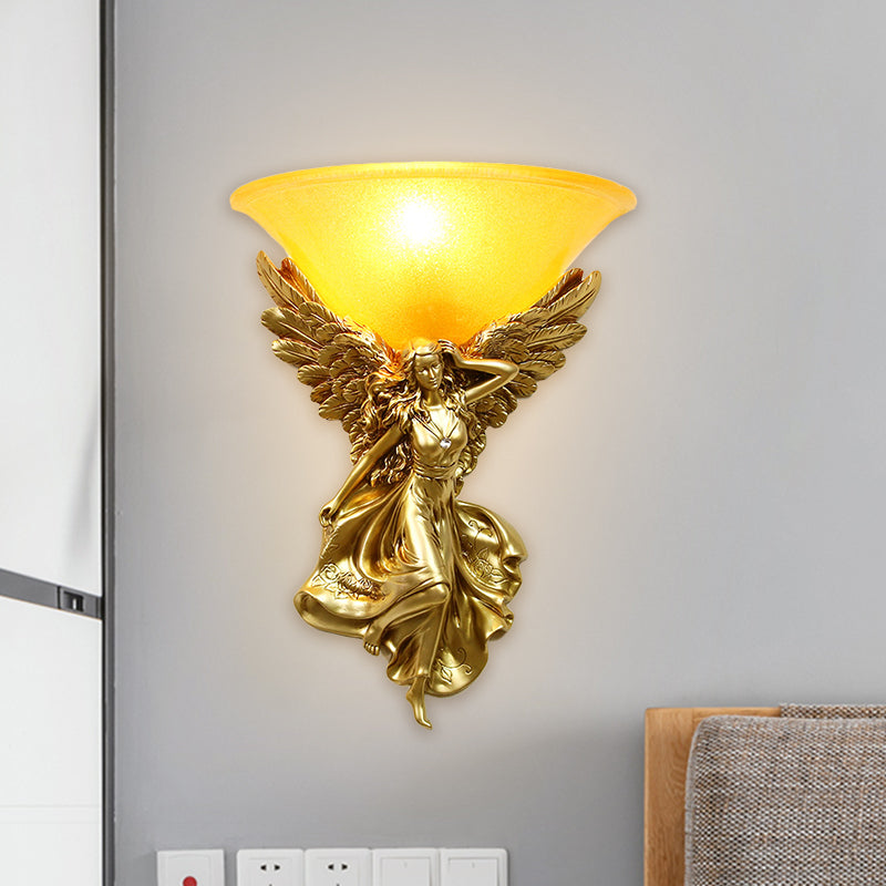 Traditional Frosted Glass Wall Sconce With Angel Backplate In White/Gold - 1 Bulb