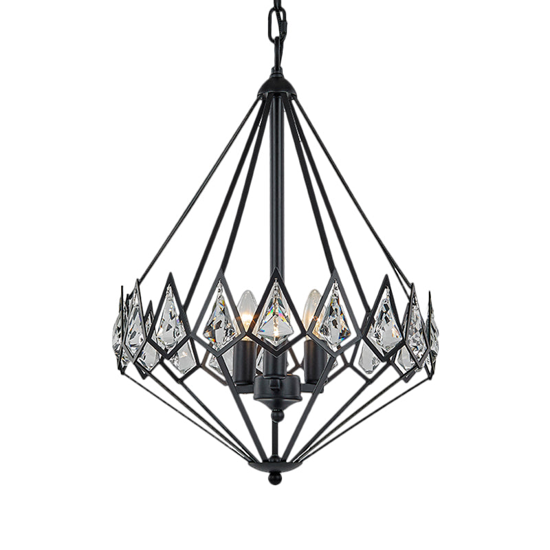 Modern Diamond Suspension Pendant Chandelier with 3 Metallic Heads and Crystal Encrustation in Black Elegant Parlor
