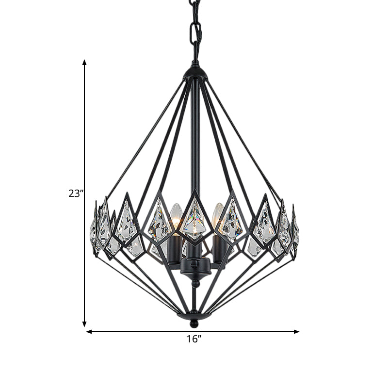Modern Diamond Suspension Pendant Chandelier with 3 Metallic Heads and Crystal Encrustation in Black Elegant Parlor