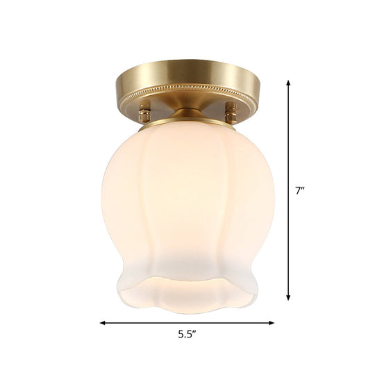 Vintage Brass Bud Semi - Mounted Ceiling Light Fixture With Cream Glass - 1 Bulb