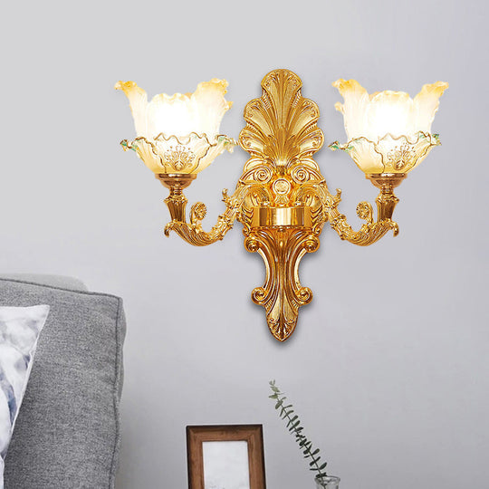 Classic Gold Wall Sconce Light With Ruffle Glass Flower And Curvy Arm